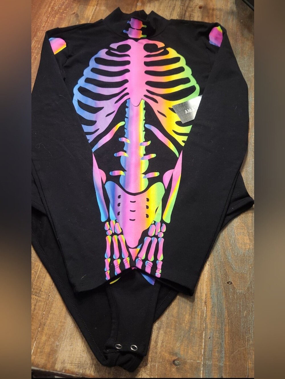 NWT Black Long-Sleeve Neon Rainbow Skeleton Body Suit